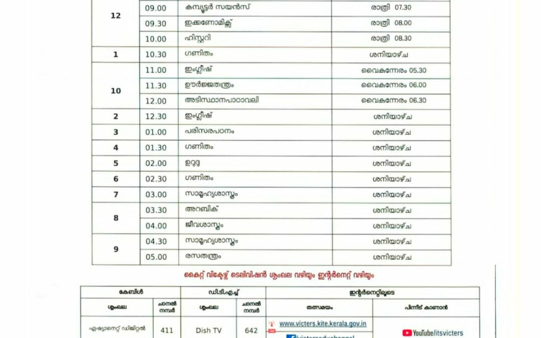 ജൂലൈ 27ന് നടക്കുന്ന ഓൺലൈൻ ക്ലാസുകളുടെ സമയക്രമം