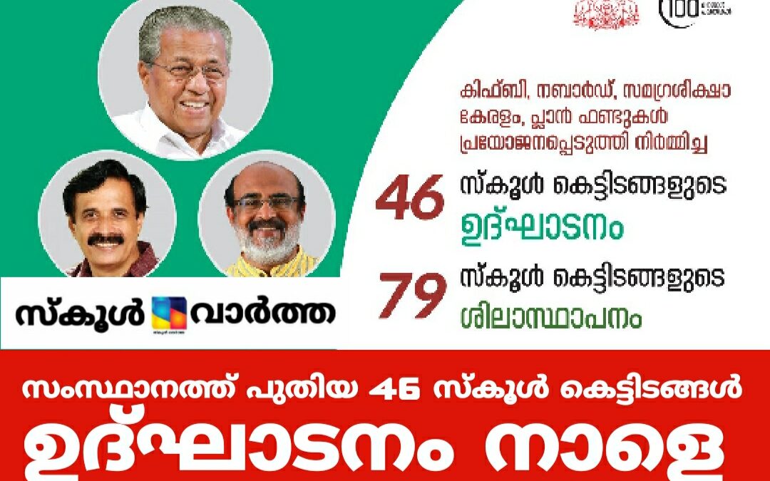 സംസ്ഥാനത്തെ 46 സ്കൂൾ കെട്ടിടങ്ങളുടെ ഉദ്ഘാടനം നാളെ: 79 സ്കൂളുകൾക്ക് പുതിയ കെട്ടിടങ്ങളും യഥാർഥ്യമാക്കുന്നു.